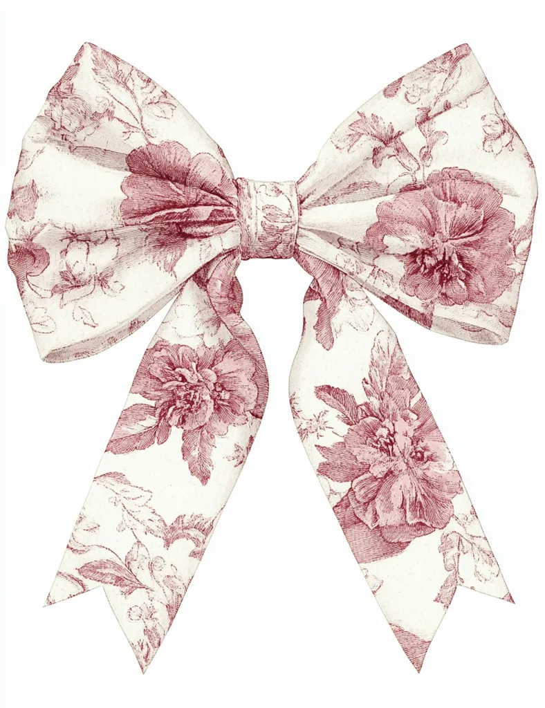 The image depicts a large, elegant bow made of white fabric with a red floral pattern. The bow is tied in a classic shape with two long tails that taper to a point. The floral pattern is intricate and features delicate leaves and large, blooming flowers, creating a romantic and timeless aesthetic. The bow appears to be made of high-quality fabric and has a slightly textured surface, adding to its luxurious appearance.