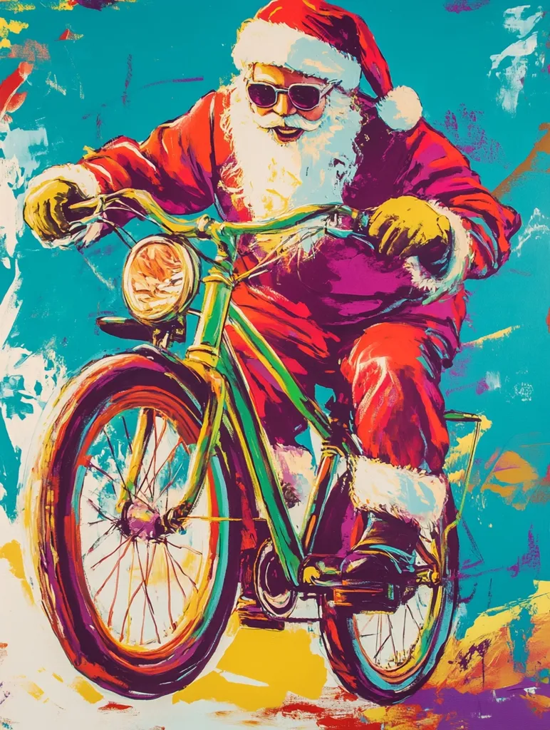 A colorful, cartoon-like illustration depicts Santa Claus riding a bicycle. He is wearing sunglasses, a red suit, and a white beard. The bicycle is green and yellow with large, colorful wheels. The background is a vibrant blue with yellow and purple splatters of paint. The image is bright and playful, capturing the spirit of the holiday season.
