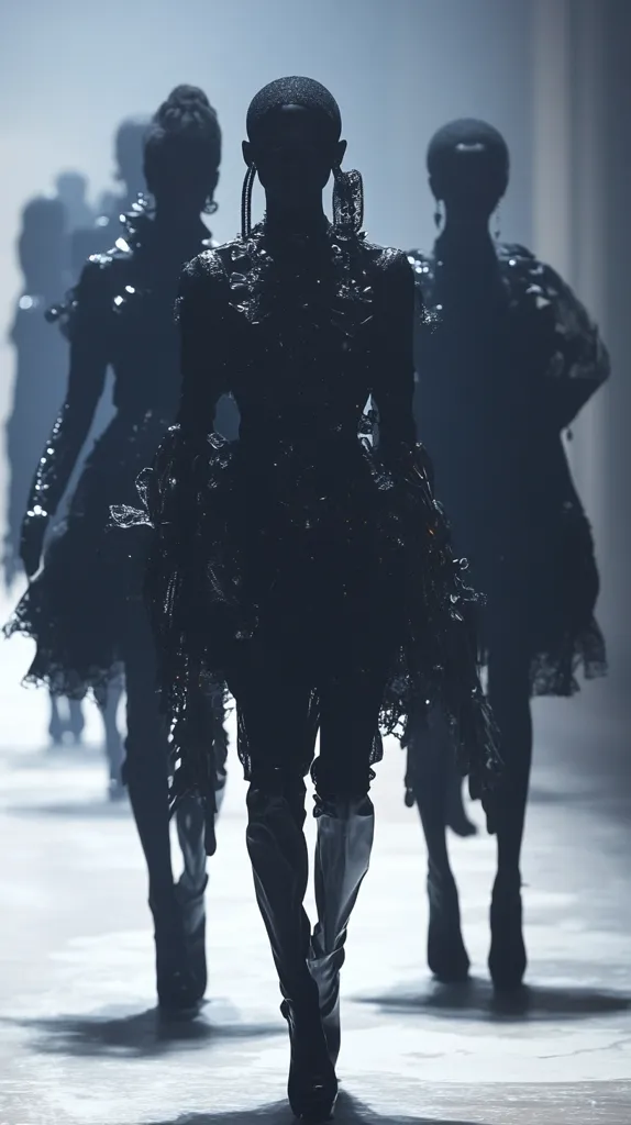 Four fashion models walk down a runway in black, gothic inspired outfits. The models are silhouetted against a bright, white background. The image focuses on the lead model who wears a dramatic, ruffled dress and knee-high boots. The other models are blurry in the background, creating a sense of movement and depth. The overall aesthetic is sleek and mysterious.
