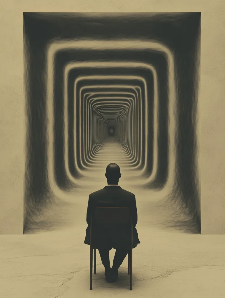 A man in a suit sits on a chair facing a seemingly endless tunnel of rectangular, rounded doorways. The man is in silhouette, and the background is light brown. The image has a surreal and abstract feel, suggesting a journey or a sense of being lost.