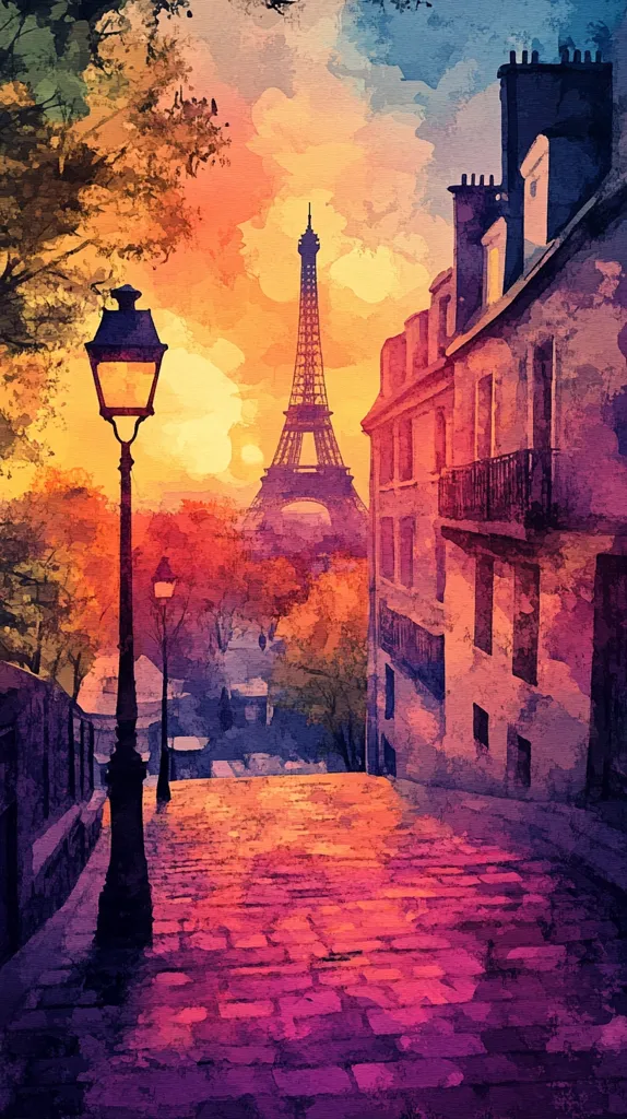 The image is a watercolor painting depicting a street in Paris, France. The Eiffel Tower stands in the distance, bathed in the warm glow of a setting sun. Cobblestone street, old buildings, and a lamp post create a romantic and charming atmosphere. The sky is painted with hues of orange, pink, and purple, casting a warm and inviting light over the scene.  The painting evokes a sense of peace, beauty, and the magic of Paris.