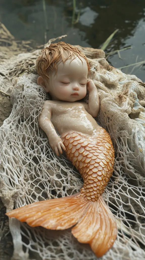 A small, realistic doll is depicted as a mermaid, sleeping on a bed of white netting, with an orange, scaly tail. The doll has closed eyes and its hand is placed under its chin.  Its skin appears damp and translucent, as if it has just come from the water.  The image has a dreamy and magical feel.