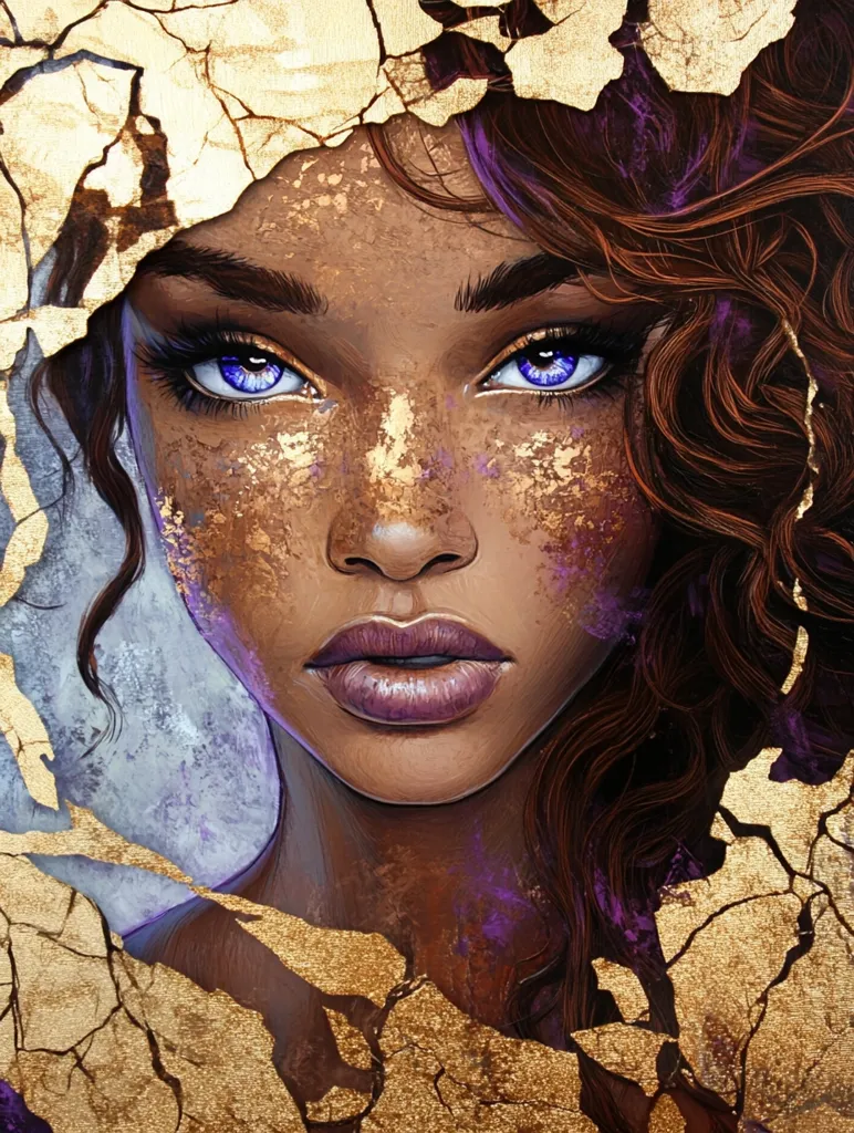 The image depicts a woman's face framed by a cracked golden surface. Her brown hair flows down her back, and she has dark skin, bright blue eyes, and full lips. The background is a faded blue and purple, adding to the ethereal and mystical feel of the image. The cracks in the gold suggest a sense of fragility and the passage of time.  The overall effect is one of both beauty and strength.