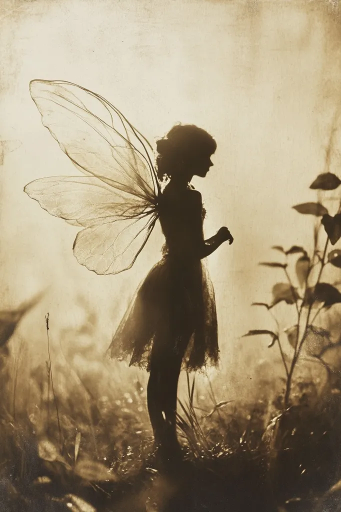 The image is a sepia-toned silhouette of a fairy with delicate wings, standing in a field of tall grass. She is wearing a flowing dress and her wings are outstretched, as if she is about to take flight. The image has a dreamy, ethereal quality, and it evokes a sense of wonder and magic. The background is blurred, creating a sense of depth and distance.