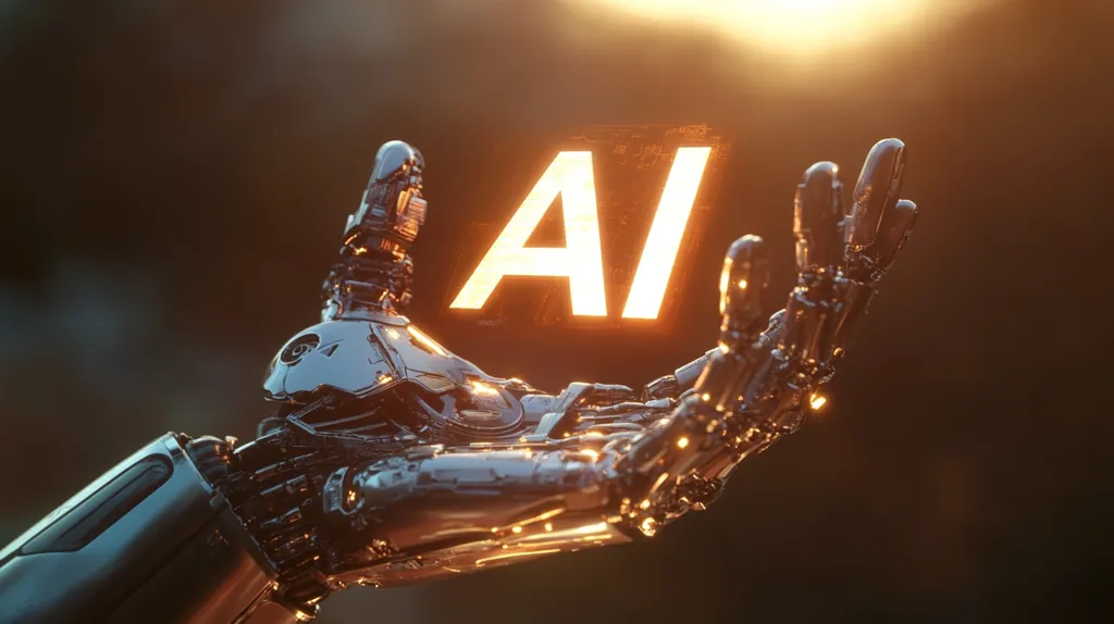 A robotic hand, made of gleaming metal, is outstretched, palm up, against a warm, blurred backdrop. The word "AI" is illuminated brightly in front of the hand, signifying the connection between artificial intelligence and the robotic technology. The image evokes a sense of futuristic advancement and the potential of AI.