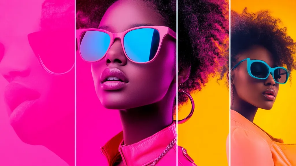 Two Black women are shown in brightly colored photos with a neon pink and yellow backdrop. Both women are wearing stylish sunglasses and have large hoop earrings. Their hair is styled in an afro. They are both looking away from the camera, but the one on the left has a more serious expression, while the one on the right is smiling slightly.  The image is vibrant and dynamic, highlighting the beauty of these women and their confidence.