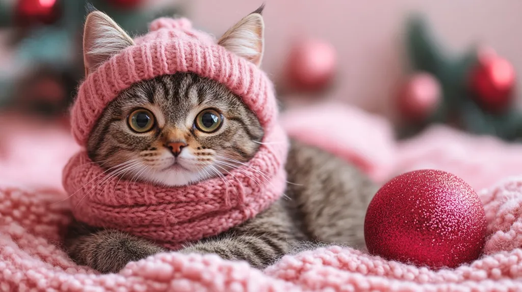 A cute tabby cat is wearing a pink knitted hat and scarf. The cat is lying on a pink knitted blanket with a red sparkly Christmas ornament. The background is blurred with pink and green tones. The cat has big, round eyes and a sweet expression.  The image is a charming and festive scene.