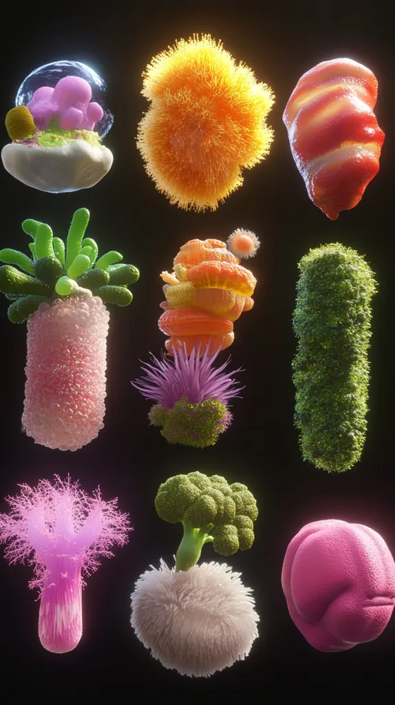 The image depicts a collection of 11 vibrant, organic shapes. Each form possesses a unique texture and color, ranging from fluffy and pink to smooth and green. The shapes are arranged in a visually appealing way, creating a sense of playful curiosity and an artistic exploration of organic forms.