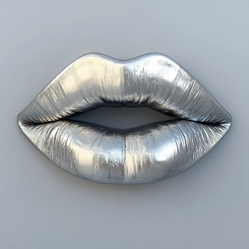 A pair of silver lips are depicted against a light gray background. The lips are full and pouty, with a slight sheen that suggests a metallic finish. The image is minimalistic and abstract, focusing solely on the shape and texture of the lips. It evokes a sense of sensuality and luxury.
