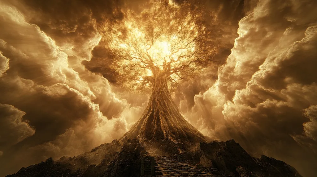 A large, ancient tree stands tall on a rocky hill, its branches reaching towards a swirling sky of golden clouds.  The tree is bathed in a warm, ethereal light that seems to emanate from the heavens.  The scene evokes a sense of majesty and wonder, suggesting a connection to something beyond the ordinary.  The image is likely meant to represent a sacred or spiritual place.