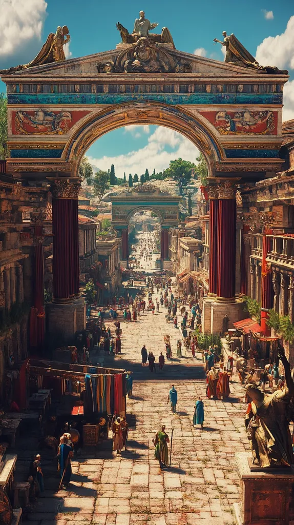The image shows a bustling marketplace in an ancient Roman city. A large ornate archway stands at the center, with two smaller arches in the distance. The streets are lined with shops and stalls, and people are going about their daily business. The scene is vibrant and full of life, with a sense of history and grandeur.  The architecture is intricately detailed and the overall scene is a beautiful example of Roman architecture and city life.