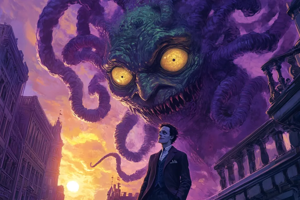 A man in a suit stands on a balcony, looking up in awe and fear at a monstrous, tentacled creature with glowing yellow eyes. The creature's face is contorted in a menacing grin, its teeth bared. The scene is set against a backdrop of a city skyline and a sunset sky. The atmosphere is one of impending doom and dread.