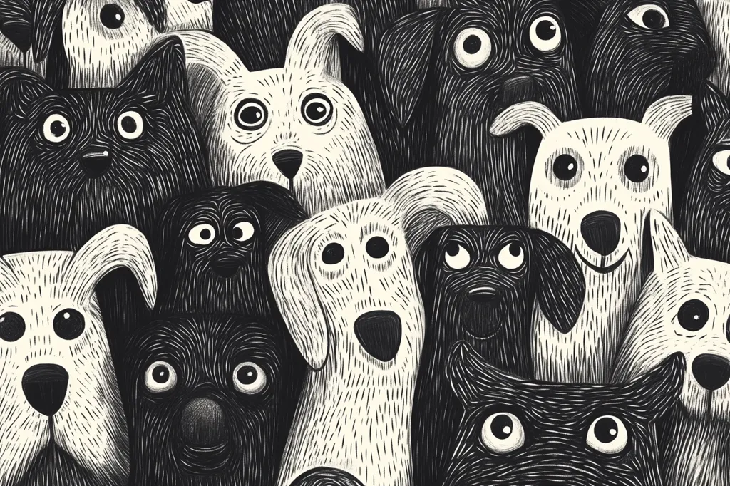 The image is a black and white illustration of a group of dogs and cats. They are all looking at the viewer with big, round eyes. The animals are drawn in a simple, cartoonish style, with exaggerated features. The image is full of personality and charm, and it would make a great addition to any home decor.