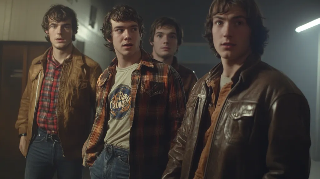 Four young men stand in a dimly lit hallway. The man in the center wears a plaid shirt over a white t-shirt with a circular design. The men on either side of him wear brown leather jackets. The man on the far right has his hair covering most of his face. The men all appear to be looking at something beyond the frame.  They all look serious and contemplative, creating a sense of mystery.