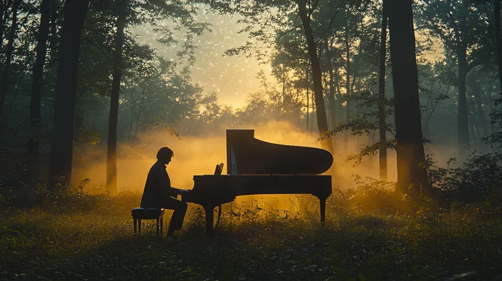 A lone figure sits at a grand piano in a misty forest. The setting sun casts a warm glow on the scene, while the trees stand tall and imposing.  The air is thick with mystery and a sense of tranquility.  The silhouette of the pianist suggests a solitary moment of artistic expression.
