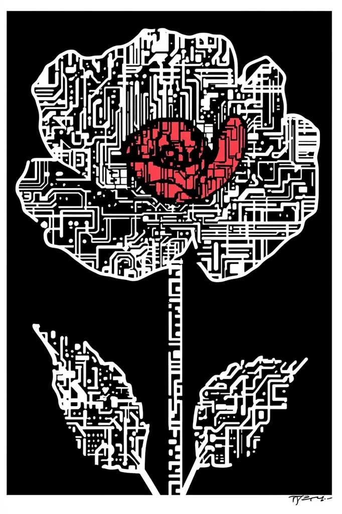 The image is a stylized black and white drawing of a flower with a red center. The flower is depicted with a circuit board design, suggesting a digital or technological theme. The dark background emphasizes the white lines of the design, creating a strong contrast. The artist's signature is visible in the bottom right corner.  The image represents the intersection of nature and technology.