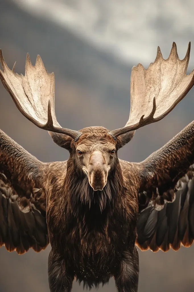 A majestic, mythical creature with the head and antlers of a moose and the wings of an eagle stares intensely at the viewer. Its brown fur is thick and soft, and its antlers are large and impressive. The creature's wings are spread wide, as if it is about to take flight. The background is a soft blur of gray and white, creating a sense of mystery and wonder.