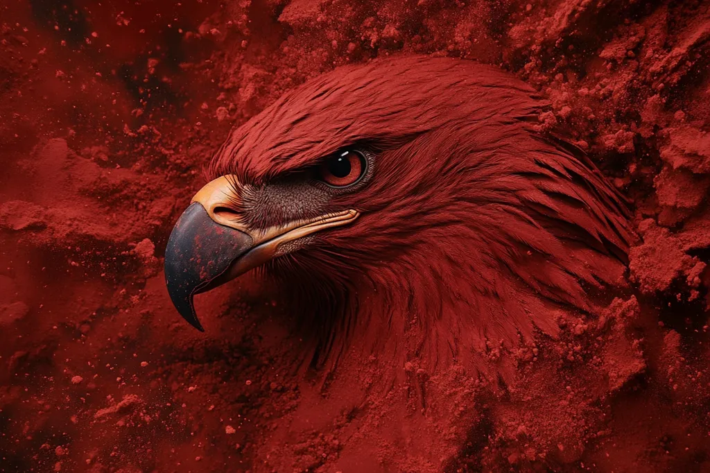 A close-up of a hawk's head, covered in red dust. Its piercing eye stares intently, while its sharp beak is partially obscured by the powdery red substance. The image has a dark and mysterious feel, with the hawk's gaze seeming to pierce through the viewer. The red dust creates a dramatic backdrop, adding to the intensity of the image.  The image is a study in contrast, with the dark, sharp features of the hawk contrasted with the soft, powdery red of the dust.