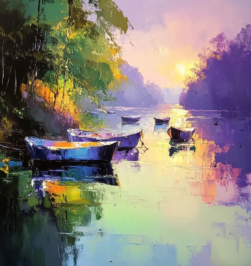 The painting depicts a serene lakeside scene at sunset. A lush green forest borders a calm body of water, reflecting the warm hues of the sky.  Five small boats are anchored in the still water, their reflections mirroring the tranquil atmosphere. The use of vibrant colors and thick brushstrokes creates a textured and dreamlike quality. The sun, setting behind the trees, bathes the scene in a soft golden glow.