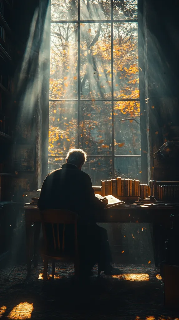 A man sits by a window in a dimly lit room, facing a desk piled with books. He is silhouetted against the bright light streaming in from the window. The window overlooks a forest with autumn leaves in various shades of yellow and brown. Sunlight beams through the branches, creating a warm and inviting atmosphere. The man's focus is on the books before him, lost in thought or a quiet moment of reading.