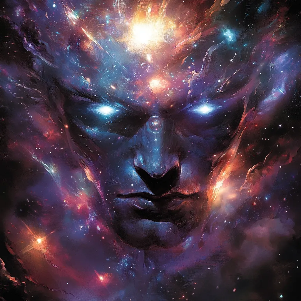 The image depicts a cosmic being, its face formed by swirling nebulae and galaxies.  The being's eyes are bright white orbs against a backdrop of deep blue, and the center of its forehead is marked by a small, shining orb. The entire image is filled with a sense of vastness and mystery, suggesting a powerful, celestial entity.  The colors are vibrant and intense, with shades of purple, blue, orange, and yellow dominating the scene.  The intricate details of the nebulae and the subtle expression on the being's face create a sense of awe and wonder.  The image evokes a sense of the unknown and the infinite possibilities of the universe.