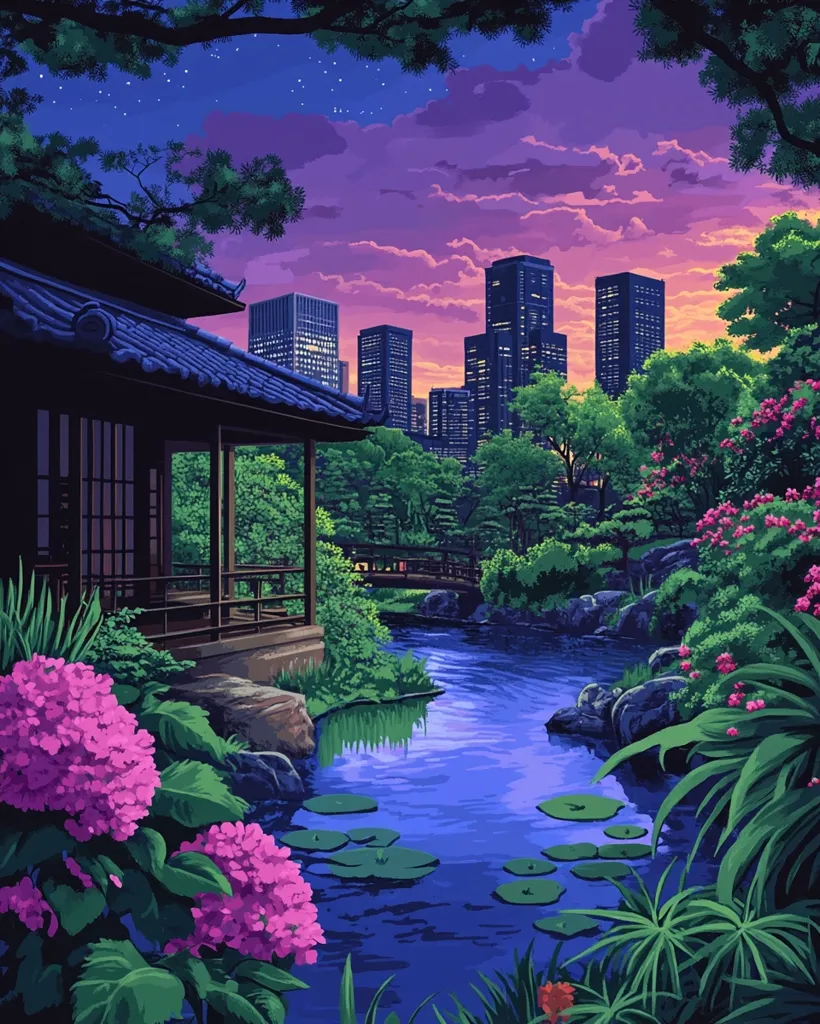 A serene Japanese garden with a wooden pavilion, a calm river flowing through it, and lush greenery. The city skyline is visible in the background, creating a contrast between the natural and urban. The sky is a beautiful purple hue, with a few stars scattered across it. The image evokes a sense of tranquility and peace.