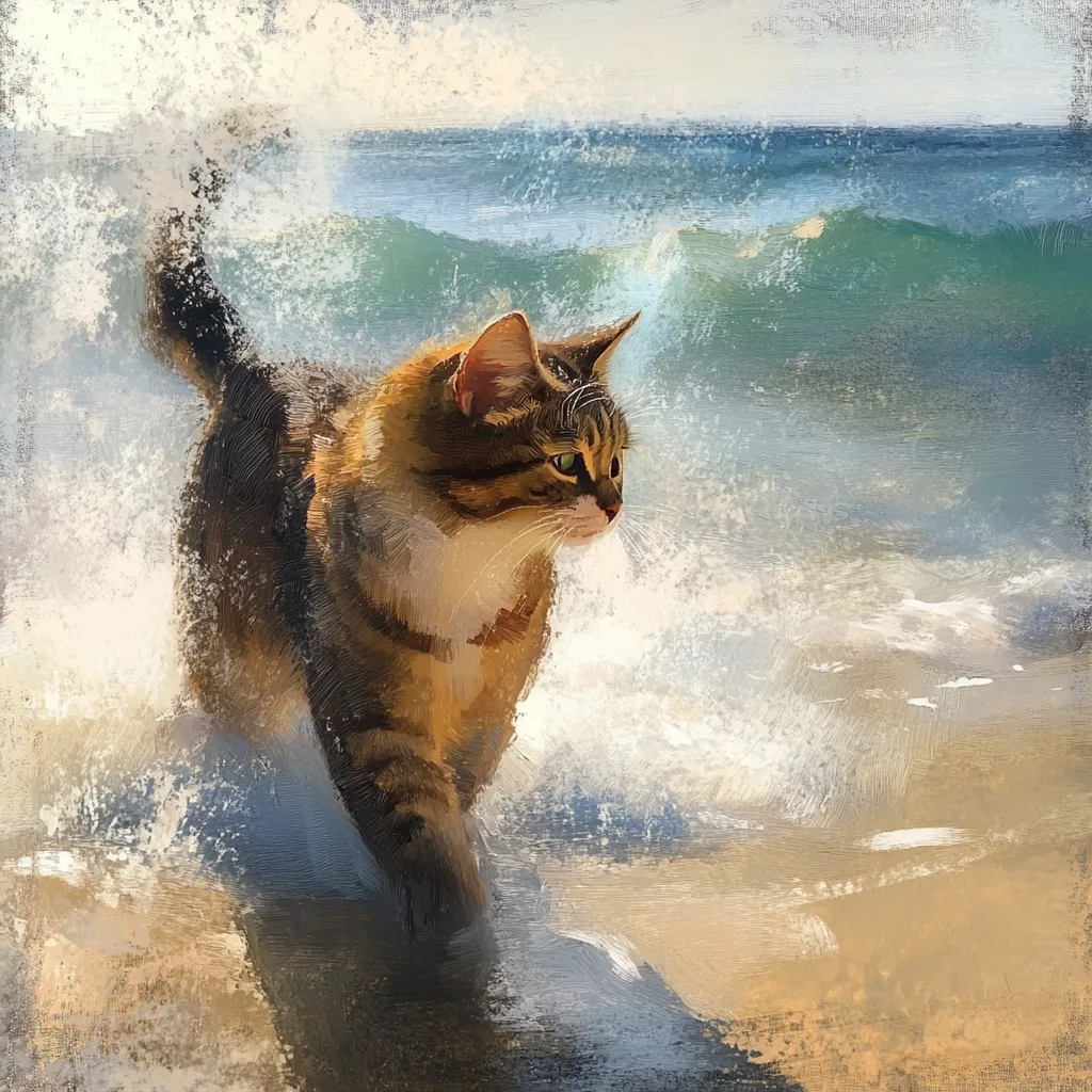 A tabby cat with green eyes stands on a sandy beach, gazing at the waves crashing against the shore. The cat's fur is a mix of brown and white, and its tail is curled around its body. The water is a vibrant blue, and the sky is a soft blue with hints of white clouds. The scene is captured in a painterly style, with brushstrokes creating a textured effect. The overall impression is one of peace and tranquility.