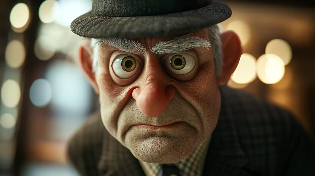 The image shows a close-up of a man's face. He is an older man with white hair and a furrowed brow. He is wearing a black hat and has a serious expression on his face. His eyes are large and round, and his lips are pursed. He appears to be looking at something off-camera with a skeptical expression. The background is blurry and out of focus. The image has a vintage or cartoon-like style.