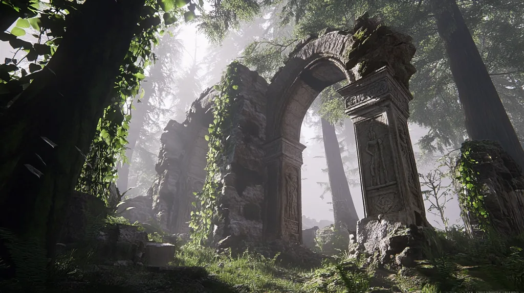 An ancient stone archway stands partially ruined in a misty forest. Vines climb the weathered stone, and the archway frames the shadowy trees beyond. The air is thick with moisture, creating a sense of mystery and forgotten history. The scene evokes a feeling of both decay and resilience, as nature reclaims the remnants of a bygone era.