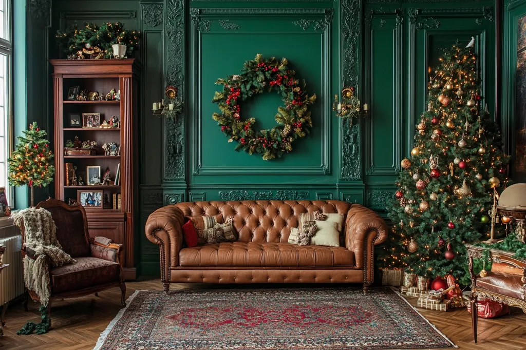 A luxurious living room with a deep green color scheme is adorned for the Christmas season. A large, decorated Christmas tree stands proudly in one corner, while a leather sofa sits in front of the fireplace, inviting guests to relax. Ornate details on the walls, a beautiful wreath above the fireplace, and a plush armchair in the foreground add to the festive atmosphere. The warm glow of Christmas lights illuminates the room, creating a cozy and inviting space.
