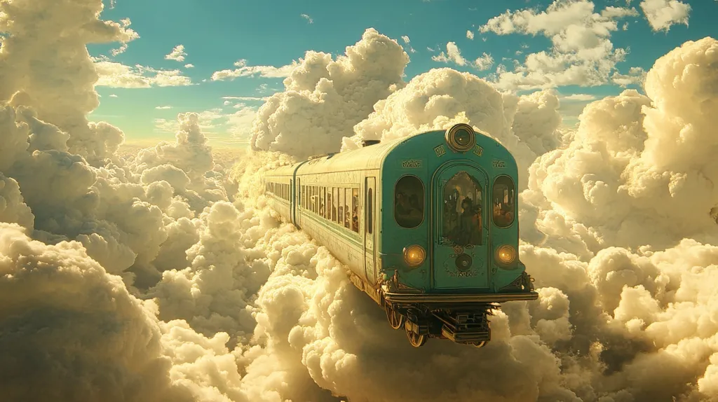 A teal train with intricate details and windows is floating through the sky. The train is surrounded by fluffy white clouds, casting a golden glow. The sky is a vibrant blue, and the sun is shining brightly. The overall image gives off a whimsical and surreal vibe.