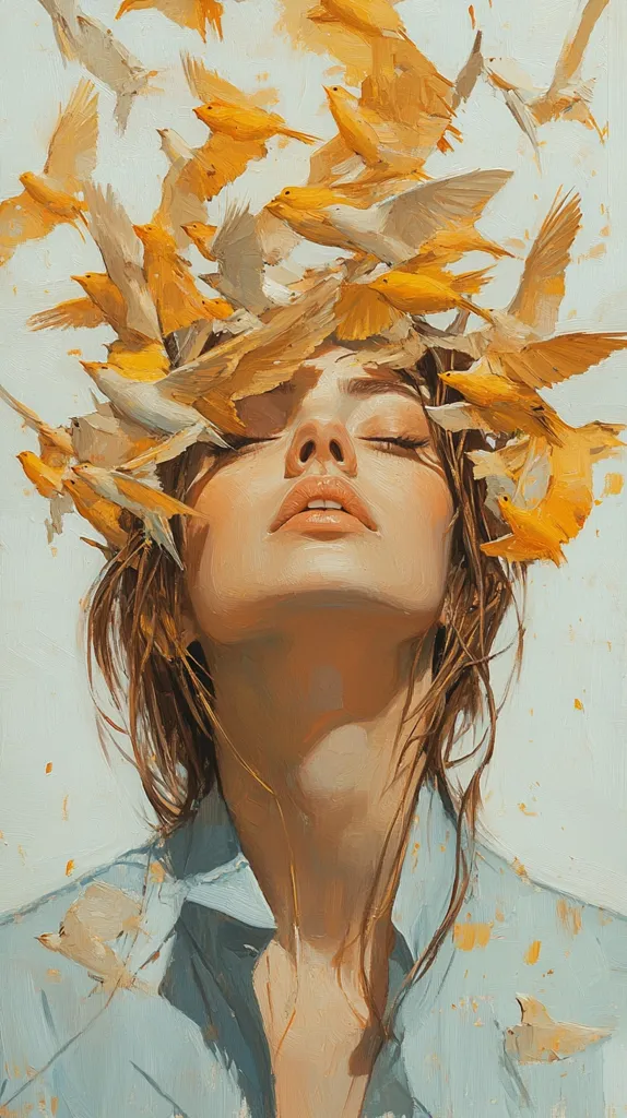 The painting features a woman with long brown hair and a light blue shirt, with her eyes closed and head tilted back. A flurry of yellow birds surrounds her head, creating a whimsical and dreamlike atmosphere. The woman's expression is peaceful and serene, suggesting a sense of tranquility and connection with nature. The painting's soft brushstrokes and muted colors contribute to the overall calming and ethereal mood.