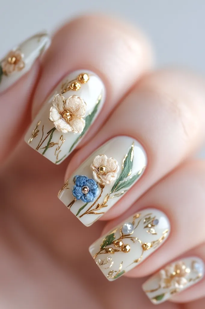 A close-up shot of a hand with intricately designed nails. Each nail is painted white with delicate floral designs, including blue and cream-colored flowers, green leaves, and gold accents. The flowers are three-dimensional, adding a touch of texture and whimsy to the overall design. The nails are long and oval-shaped, showcasing the artistry of the nail art.