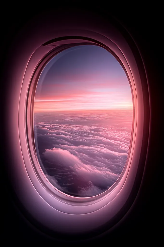 A round airplane window frames a view of a pink and purple sunset over a field of white clouds. The sunset is a soft, gentle pink, with streaks of purple and orange in the sky. The clouds below are fluffy and white, with a hint of pink reflecting from the sunset. The window itself is dark and metallic, with a slight curve to its shape. The image is soft and dreamy, creating a sense of peace and tranquility.