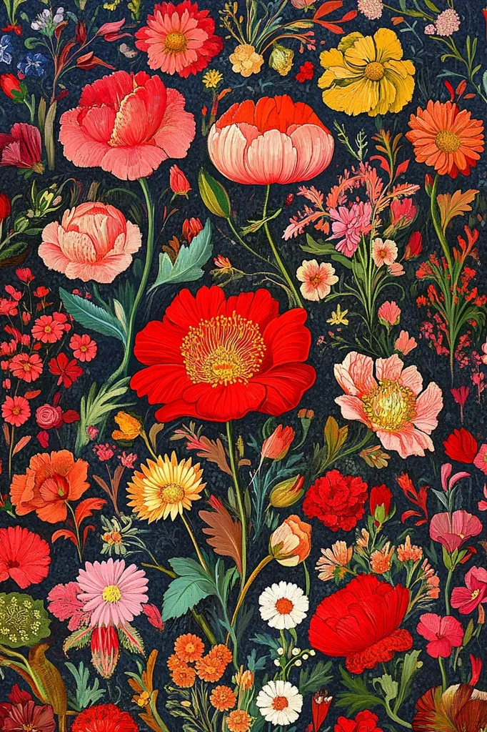 The image is a vibrant floral pattern with a dark blue background. It features a variety of flowers in various shades of red, pink, yellow, and white. The flowers are arranged in a random, yet pleasing pattern, creating a sense of depth and movement. The intricate details of the petals and leaves contribute to the overall beauty and elegance of the design.