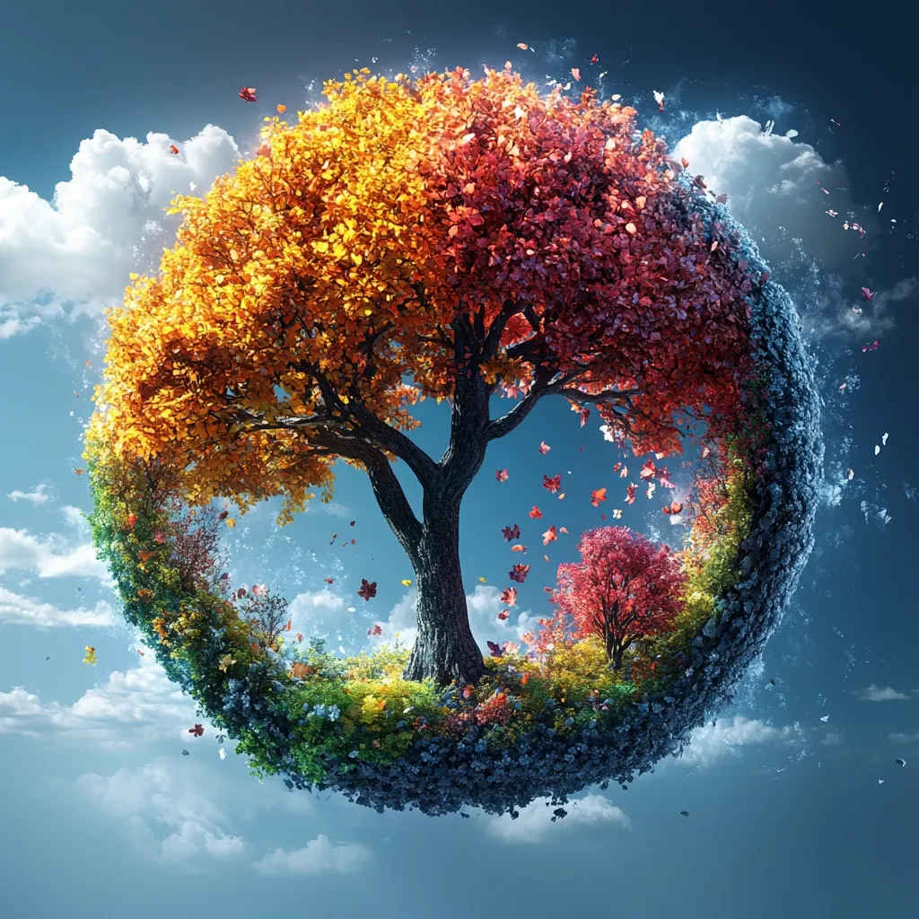 A large tree, bursting with autumnal colors of yellow, orange and red, sits at the center of a round, swirling mass of foliage representing all the seasons.  The tree is surrounded by green leaves, blue flowers, and even a hint of winter snow.  The entire scene is floating in a blue sky, creating a magical and whimsical image.