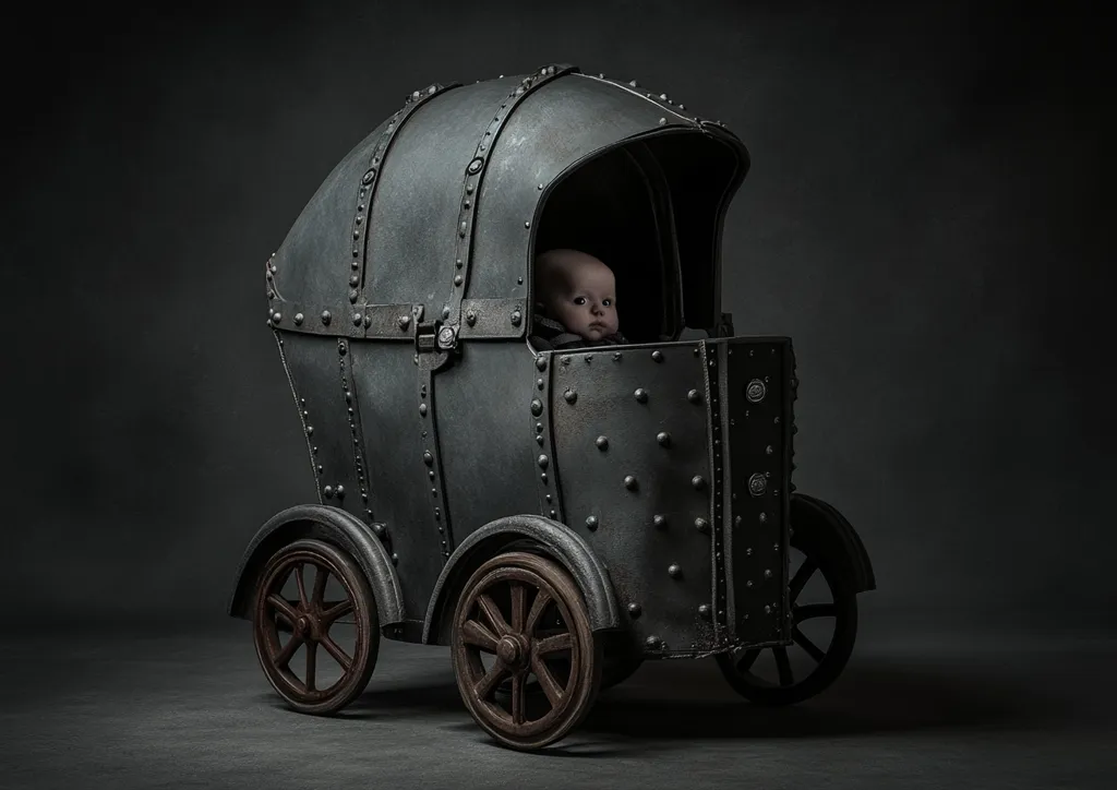 A baby sits in a dark, metal carriage. The carriage is made of heavy steel and has a closed hood. The baby is looking out of the carriage with a curious expression. The carriage is on wheels and appears to be sturdy and well-built. The background is dark and blurred, creating a sense of mystery and intrigue. The image is evocative and creates a sense of both vulnerability and strength.