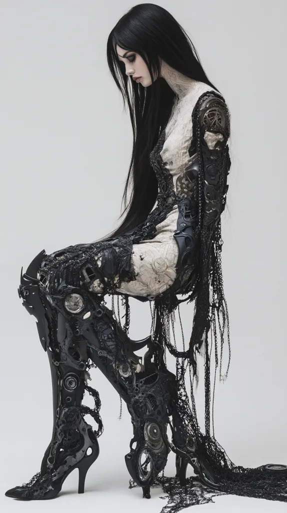 A woman with long black hair, wearing a black and white outfit, sits on a chair with her head down. Her outfit features intricate, mechanical details on her legs and arms, and a flowing black fabric with long fringe trails behind her. Her appearance has a futuristic, cybernetic aesthetic.