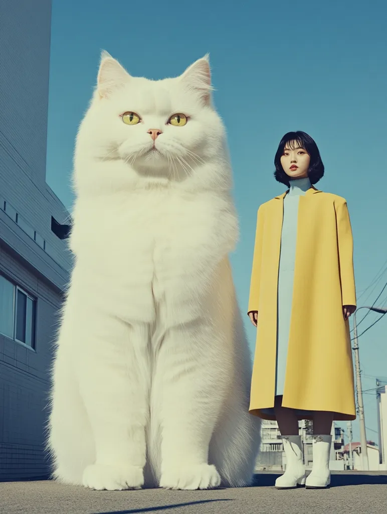 A young woman in a yellow coat and a white dress stands in front of a giant white cat, its paws resting on the pavement. The cat is looking straight ahead, while the woman stares down at the camera with a slightly surprised expression. The background is a clear blue sky and a building on the left side of the frame. The image is surreal and whimsical, creating a sense of wonder and amusement.