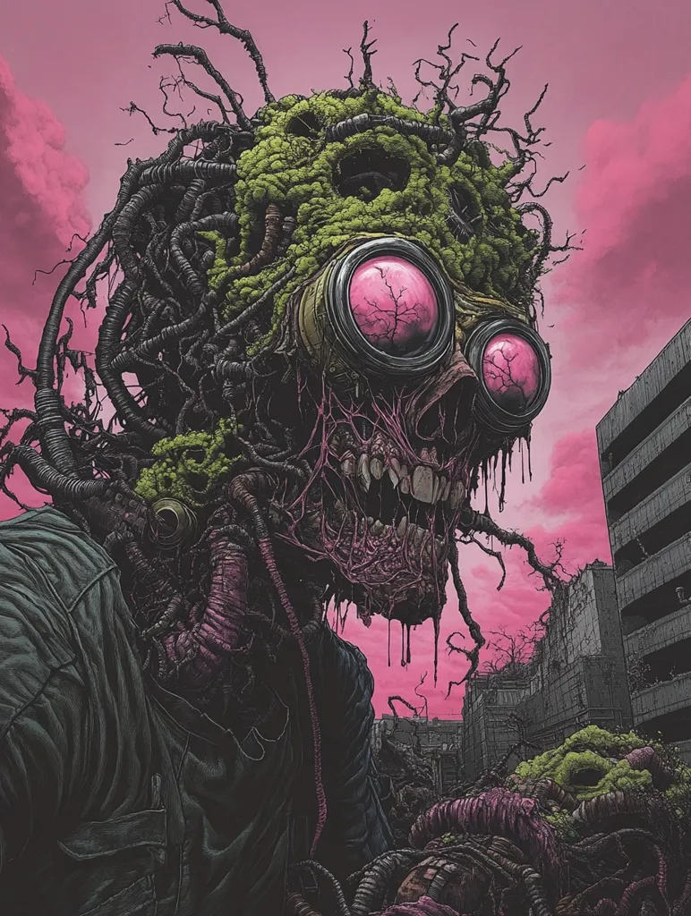 The image depicts a monstrous creature, its head covered in a thick, green growth, its eyes obscured by large, pink goggles. The creature's mouth is wide open, revealing sharp teeth and a fleshy interior. Tendrils of flesh and plant matter extend from its body, creating a grotesque and disturbing image. The backdrop features a cityscape, bathed in a soft pink light. The overall mood of the image is one of horror and unease, suggesting a post-apocalyptic or dystopian world.