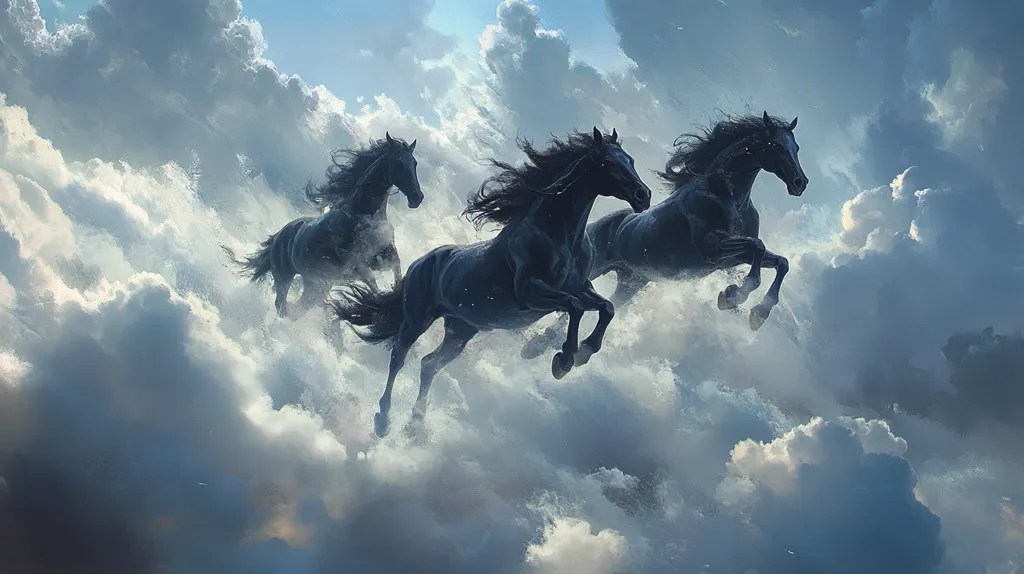 Three black horses gallop through the sky, their manes flowing in the wind.  They are silhouetted against a backdrop of fluffy white clouds, creating a dramatic and ethereal scene. The horses seem to be leaping through the clouds, their powerful legs propelling them forward with ease. The light from the sun casts a soft glow on the scene, enhancing the sense of otherworldly beauty.