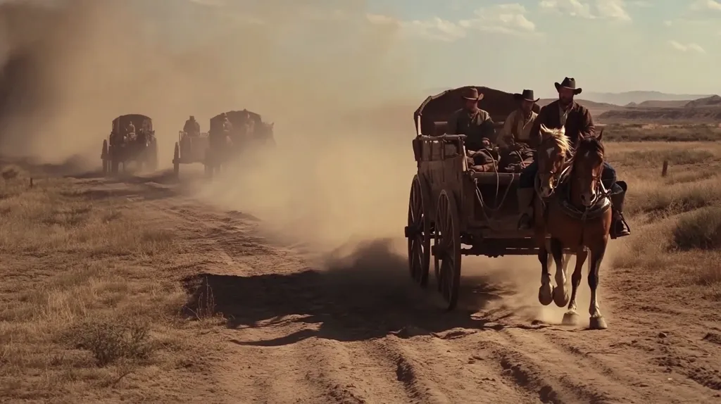 A horse-drawn wagon travels along a dusty road in a barren landscape. Two other wagons are in the distance, kicking up dust clouds. Three cowboys sit on the wagon, one riding a horse on the side. The sun is shining, and the sky is clear. The scene evokes a sense of rugged individualism and westward expansion.