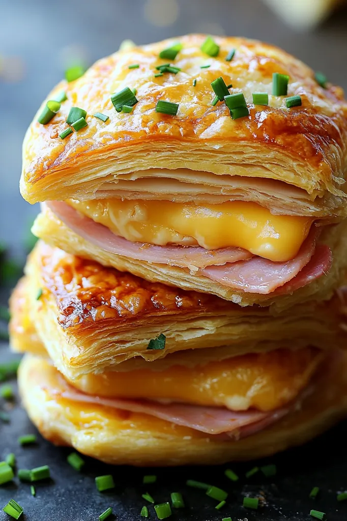 A stack of three golden, flaky puff pastry squares, filled with melted cheese and ham.  The top pastry square is sprinkled with chopped chives, adding a touch of freshness. The sandwich sits on a dark surface, surrounded by more chives. The image captures the deliciousness and simplicity of this classic comfort food.