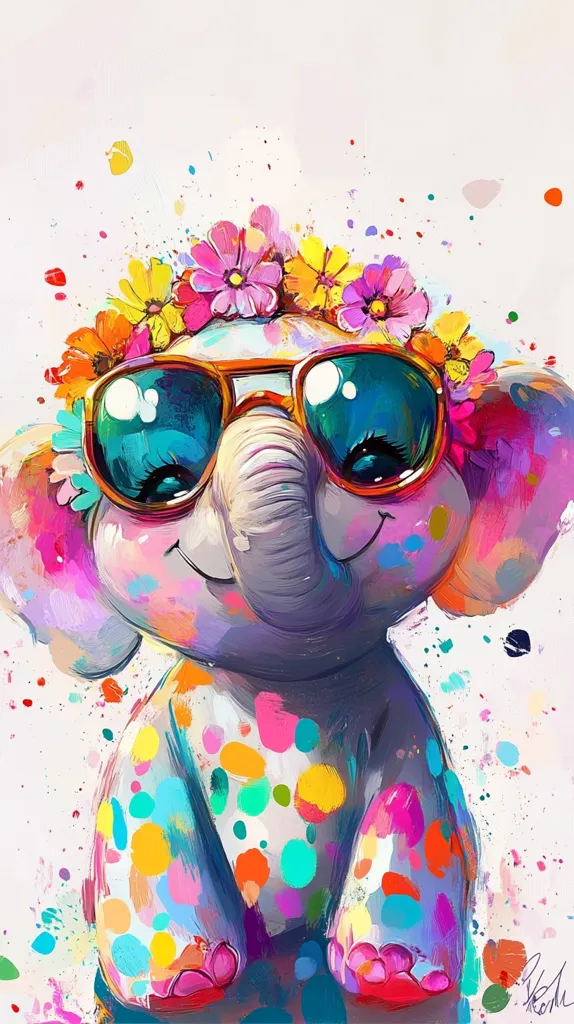 A cartoon elephant is wearing a flower crown and sunglasses.  The elephant is smiling and looking forward.  It is painted in a colorful, abstract style with splashes of paint throughout the background.  The elephant's body is covered in colorful polka dots.
