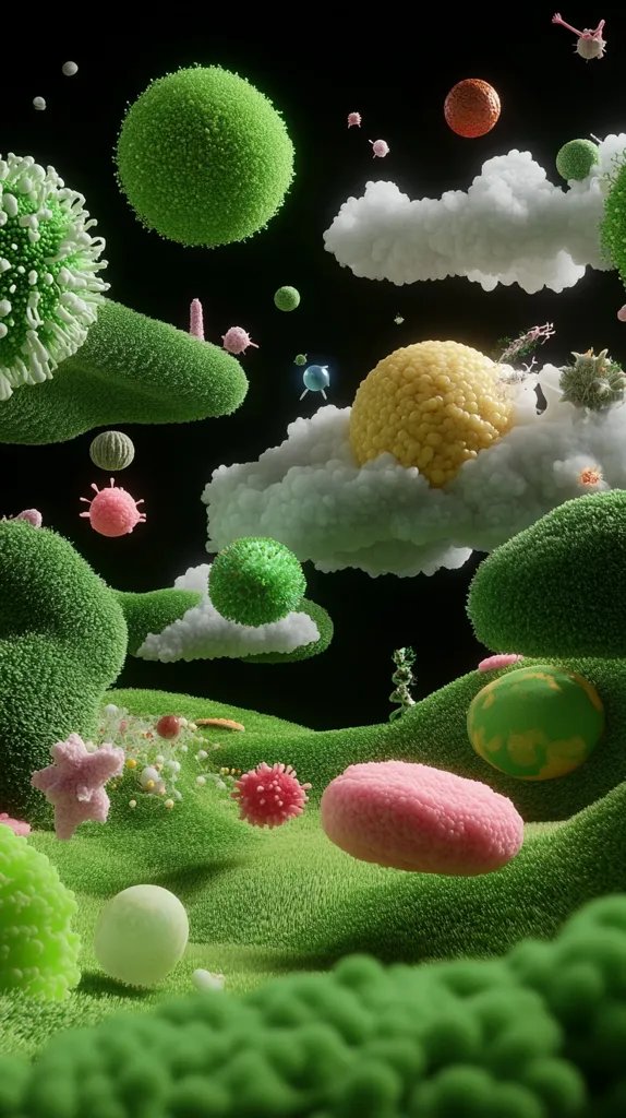 The image depicts a vibrant, abstract landscape composed of various shapes and colors, resembling a microscopic world. Fuzzy green mounds dominate the foreground, with smaller, spherical elements scattered throughout. White clouds, a large yellow orb, and a pink cell-like structure add to the whimsical nature of the scene. The background is a dark black, creating a stark contrast with the bright colors of the foreground. The image gives the impression of a playful, yet complex, biological landscape.