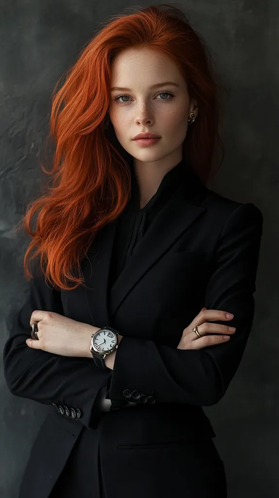 A woman with long, flowing red hair is wearing a black suit jacket. She has a serious expression on her face and is looking directly at the camera. Her arms are crossed in front of her, and she is wearing a silver watch on her left wrist. She has a gold ring on her right hand. The background is a dark gray wall.