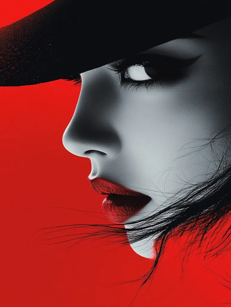 The image features a close-up of a woman's face, her profile against a vibrant red background. She wears a black hat that casts a shadow over her eyes, which are heavily made-up with black eyeliner and dark lashes. Her lips are painted a bold red, and her long dark hair spills over her shoulder, creating a dramatic contrast against the red. The image is in black and white, except for the woman's lips and the background, which are in red, creating a striking visual contrast.