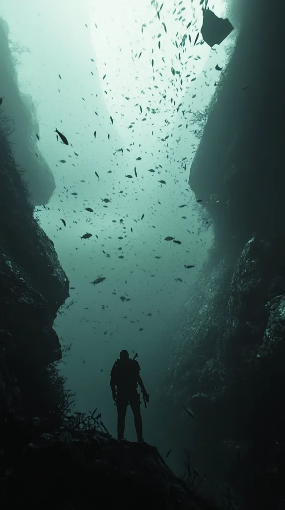 A lone figure stands silhouetted against a hazy, underwater scene. The figure is clad in dark clothing and holds a weapon, suggesting a sense of danger or exploration. The background is filled with a dense swarm of small fish, creating a sense of depth and movement. The scene is shrouded in a greenish hue, emphasizing the murky depths and the mysteriousness of the environment. The overall composition evokes a sense of solitude and the unknown, with the figure seemingly lost in the vast, watery expanse.