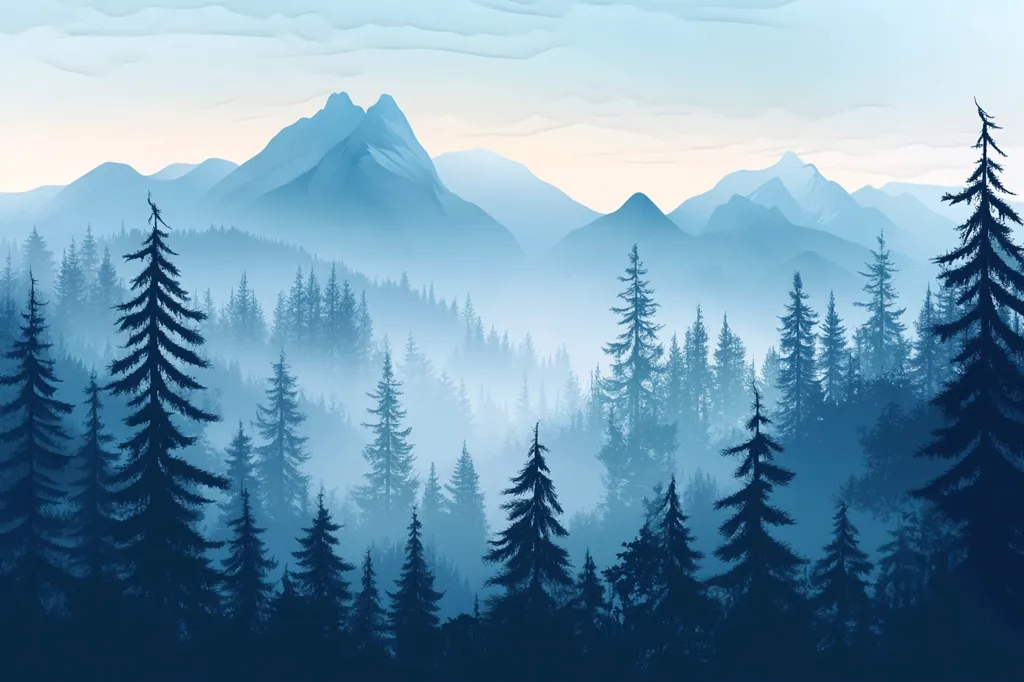The image depicts a misty, blue-toned mountain landscape. Tall, dark silhouette trees stand in the foreground, their branches reaching towards a hazy sky. In the distance, the peaks of mountains rise up, shrouded in a veil of fog. The scene evokes a sense of tranquility and solitude.