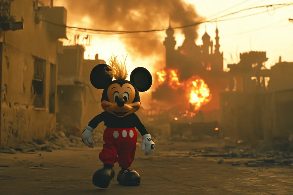 A Mickey Mouse doll stands alone in a war-torn street. The background is a blurry scene of a burning building with smoke and flames. The image evokes a sense of sadness and loss, highlighting the contrast between the innocence of the doll and the harsh realities of war. The doll's cheerful expression appears out of place, emphasizing the tragedy of the situation.